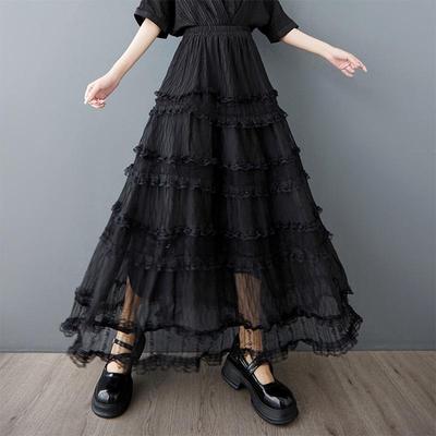 Gonna lunga casual ampia estiva vintage in pizzo a rete nera taglie forti da donna.