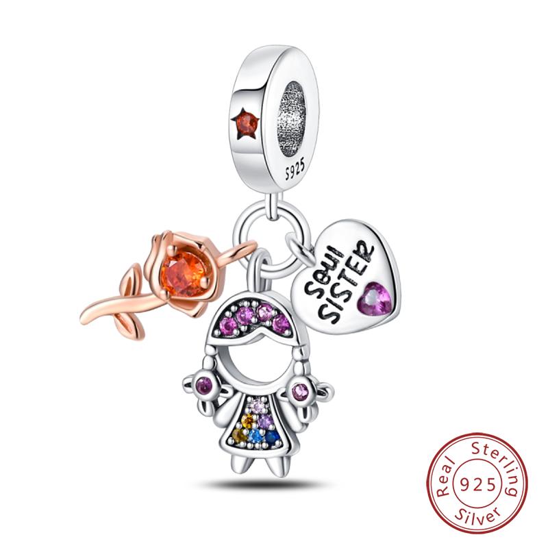 100% Copper Sisters Best Friends Series Charms Pink Heart Rose Beads Fit Qikaola Bracelet Diy Birthday Jewelry Gift