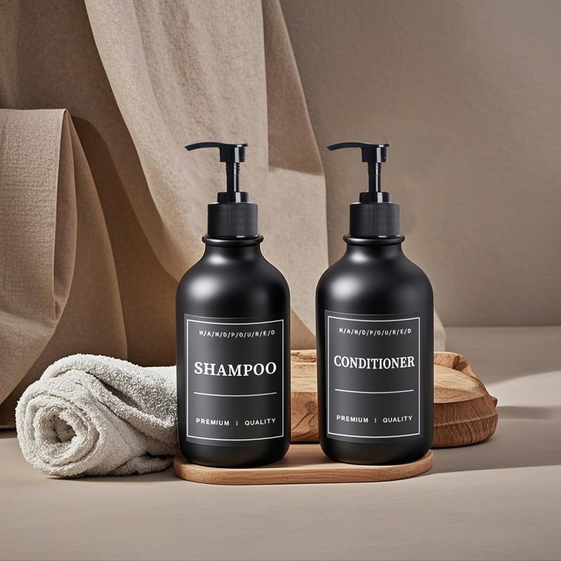 500ml Matte Black Lotion Bottle Plastic Refillable Bottle with Labels Wall-mounted Lotion Bottle Holder Shampoo Conditioner