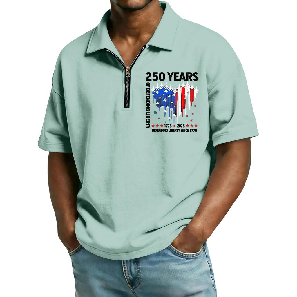 Men’s Short Sleeve Zipper Polo Shirt 250 Years Printed Lapel Collar Top Casual Lightweight Comfortable Fit Tee