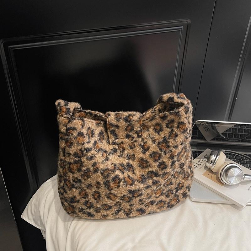 Leopard Print Fur Bag Women's Shoulder Crossbody Bag Vintage Tote Bag