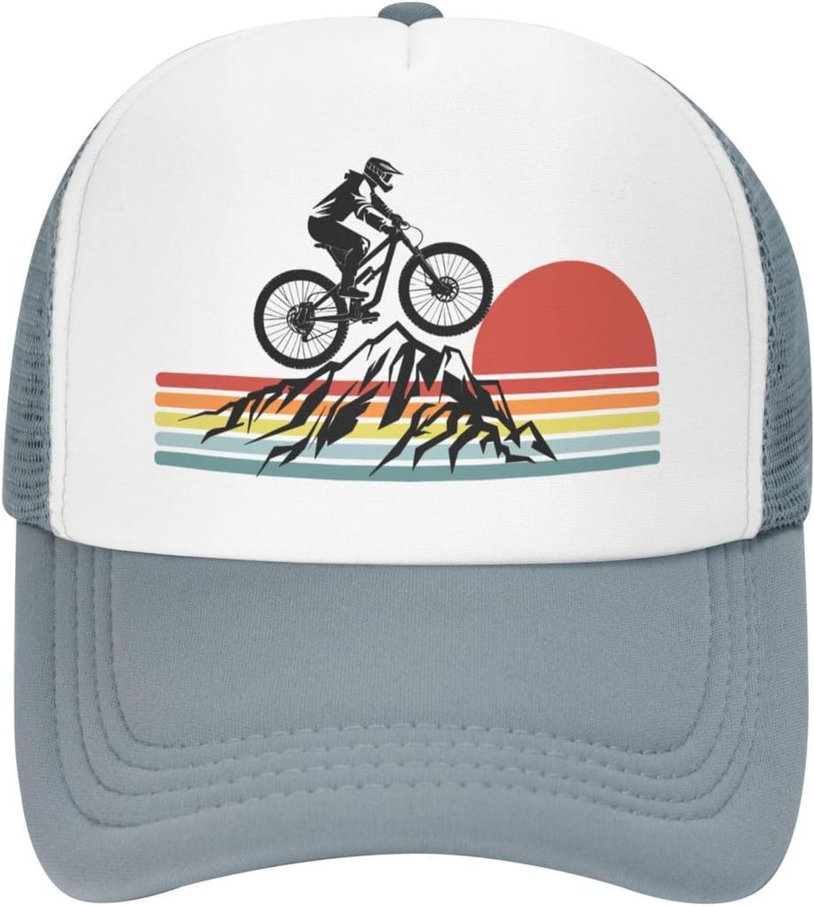 Mountain Biking Sunset Graphic Trucker Hat Polyester Mesh Adjustable Outdoor Cycling Baseball Cap