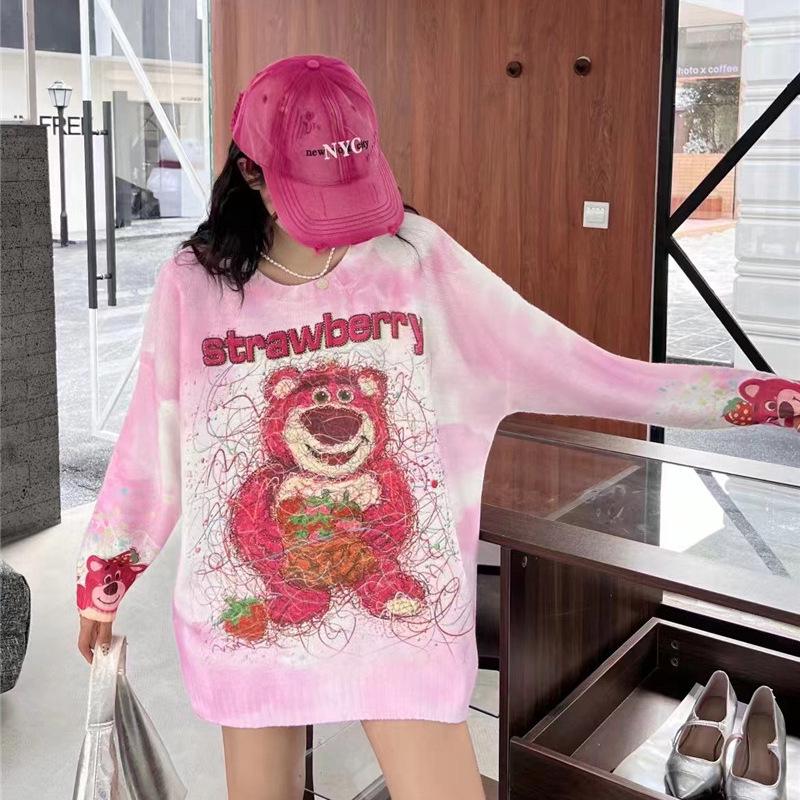 2024 A/W Strawberry Bear Loose Knit Sweater - Women's Round Neck Casual Style