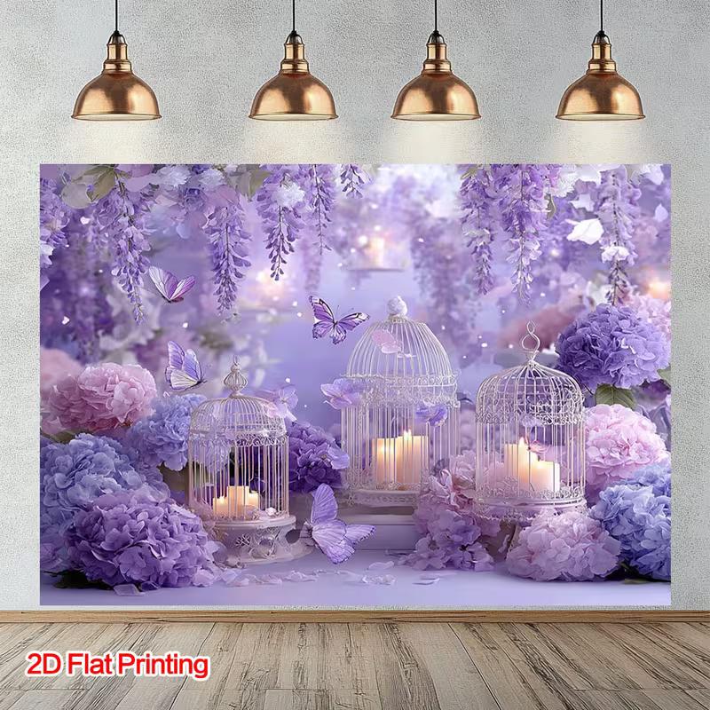 2D Purple Romantic Floral Backdrop, Wisteria & Birdcage Banner, Bridal Shower Party Decor