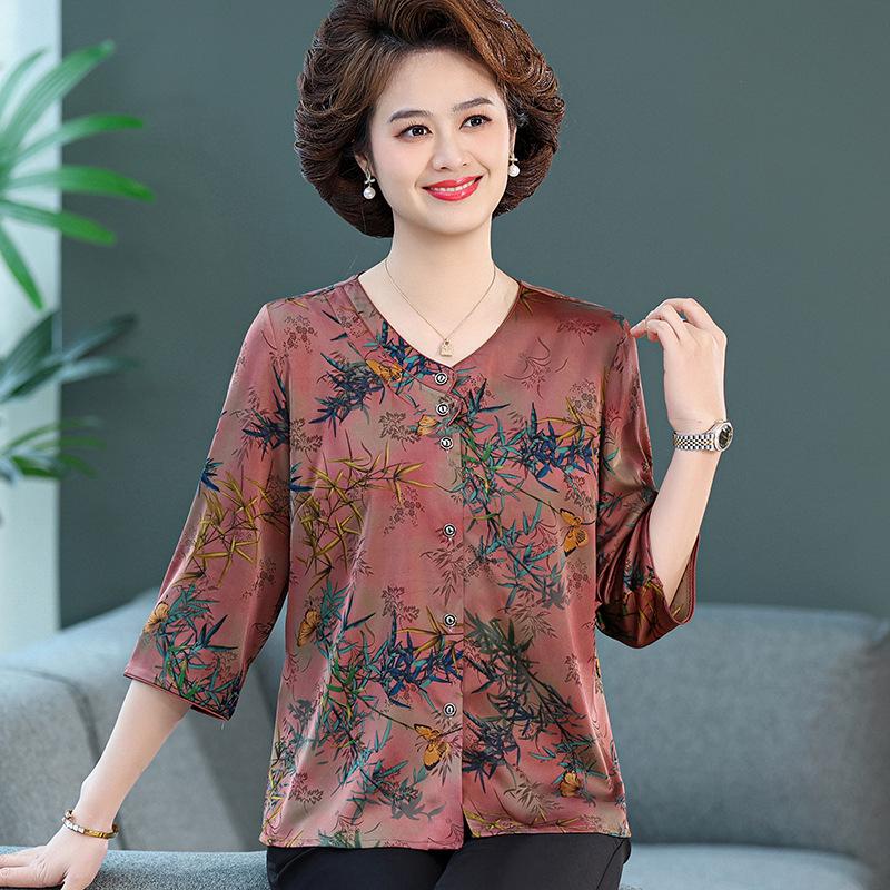 

New Summer Arrival: Grandma Style Mulberry Silk Shirt with Seven Sleeves for Middle-aged and Elderly Women 4XL (recommended 67.5-75 kg) красный