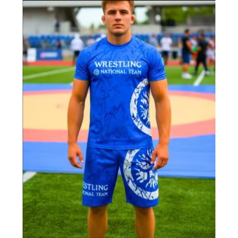 Mens Breathable 3D Printed Wrestling Martial Arts Training Set Short Sleeve T-Shirt Shorts