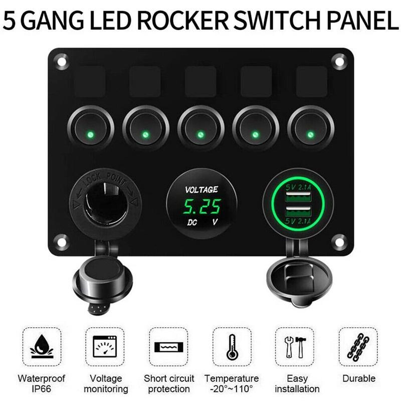 5 Gang 12V Schalter Panel AUF-OFF Rocker Toggle Wasserdicht für Boot Marine RV Lkw Rot