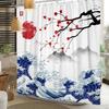 Japanese Style Wave Shower Curtain Ukiyo E Art Cherry Blossom Print Waterproof Bath Curtain Bathroom Decor Polyester With Hooks
