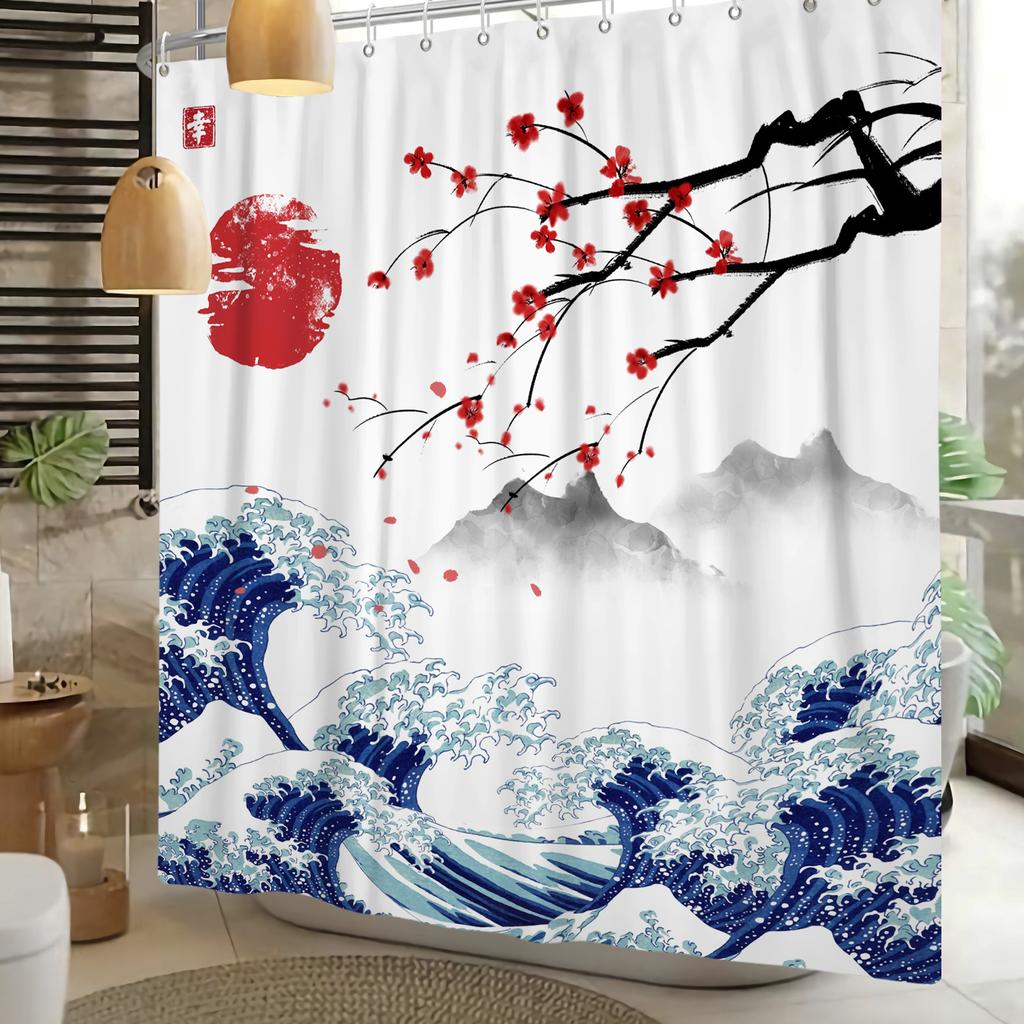 Japanese Style Wave Shower Curtain Ukiyo E Art Cherry Blossom Print Waterproof Bath Curtain Bathroom Decor Polyester With Hooks