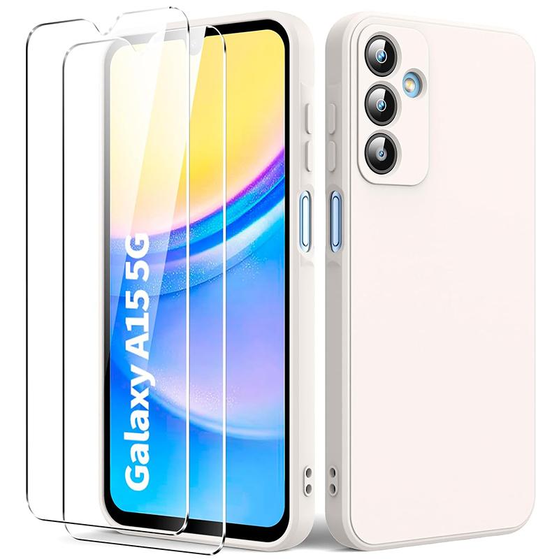 

3 в 1 1 * Роскошный жидкий силиконовый чехол + 2 * Защитная пленка для экрана для Samsung Galaxy A15 4G 5G A 15 Мягкий чехол из закаленного стекла for Samsung A15 белый