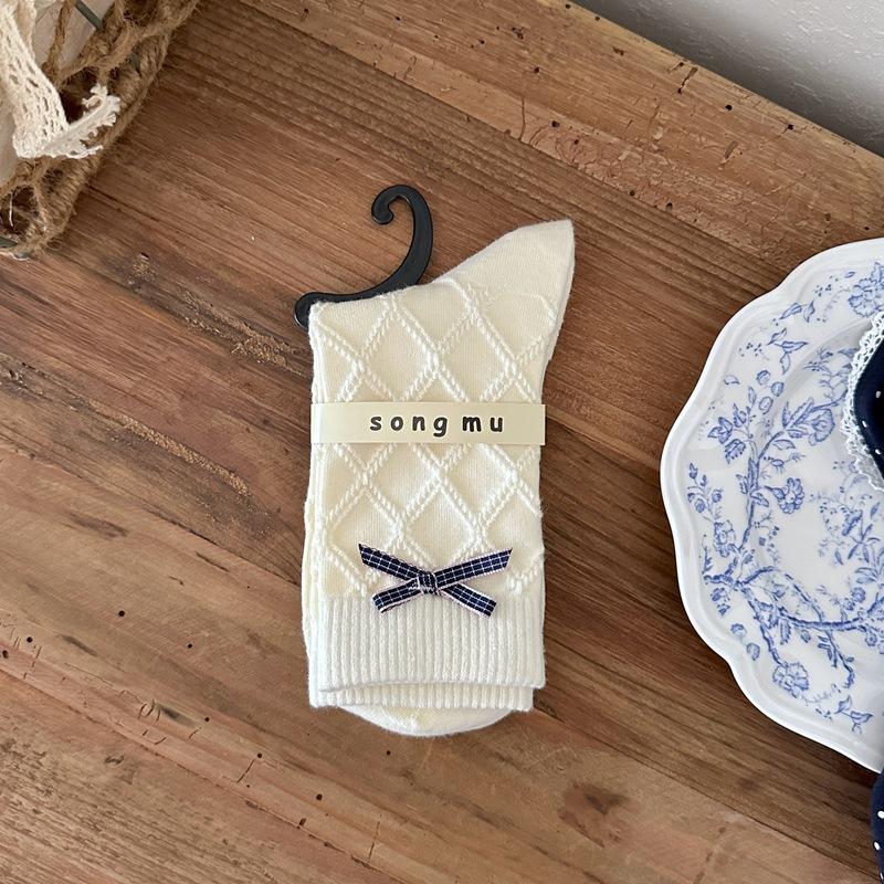 Light Retro Navy Blue Color "Bow Dark And Not Socks, Mid-Leg Socks, Designer Cotton Socks Songmu