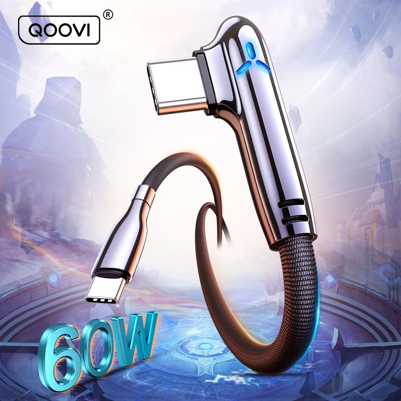 

QOOVI USB C К типу C Кабель PD 60W 90 градусов Быстрая зарядка Мобильного телефона Зарядное устройство Быстрый зарядный шнур для Xiaomi Samsung Huawei Macbook Pro iPad