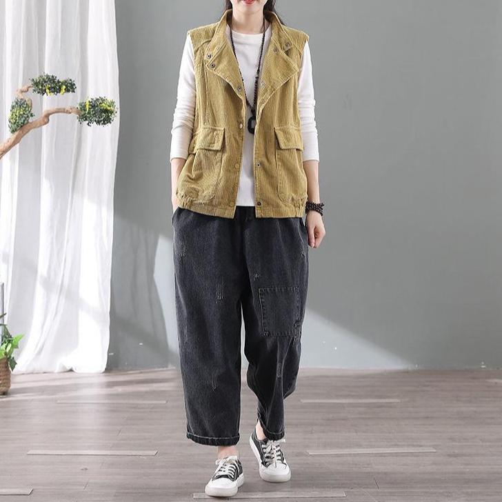 Gilet Vintage in Velluto a Coste con Collo Alto da Donna Gilet Giacca Versatile a Spalla in Velluto a Righe a Colore Solido Largo