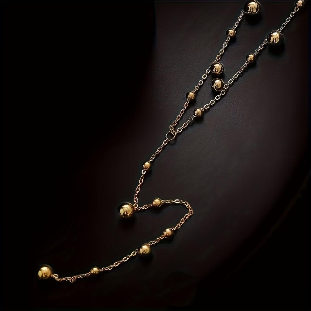 Stylish Versatile 18K Gold-Plated Long Tassel Bead Chain Necklace – Stainless Steel, Perfect for Everyday Wear by Women