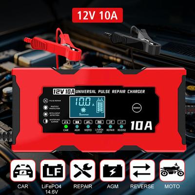 12V 10A Autobatterieladegerät 14.6V 10A Eisen-Lithium-Ladegerät EU/US-Stecker Intelligentes Batterieladen Pulserhaltungsfunktion Digitales LCD-Display