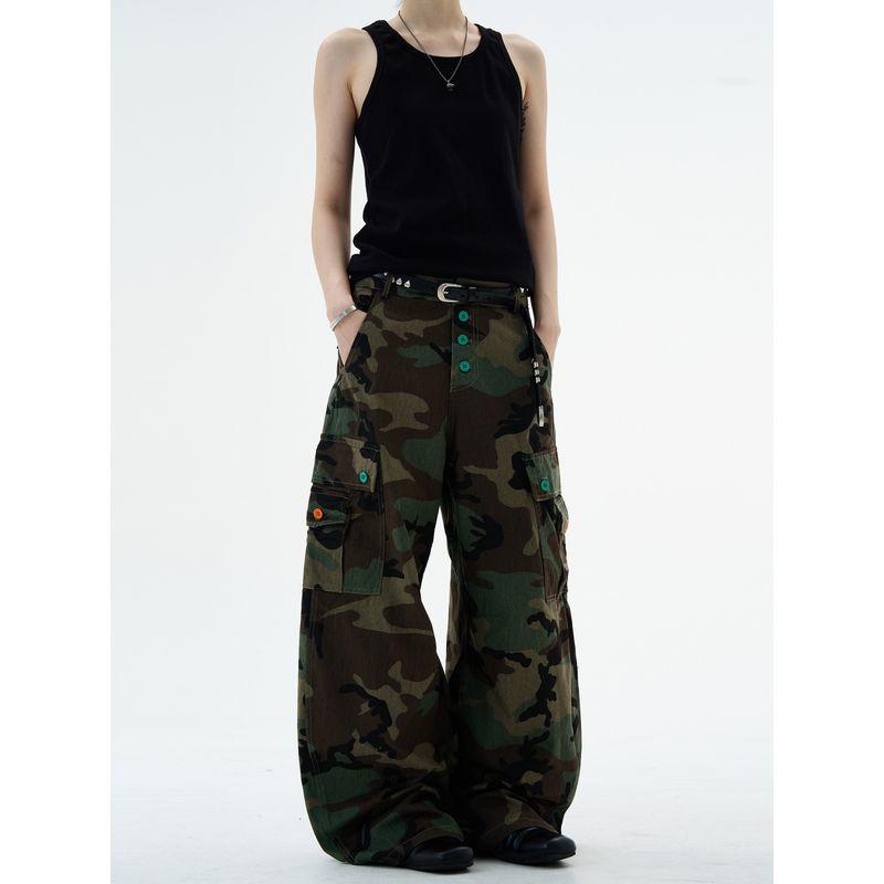 Madwitch American-Style Camouflage Scimitar Cargo Casual Pants Unisex Loose Fit Versatile Casual Color-Block Button Pants Trendy