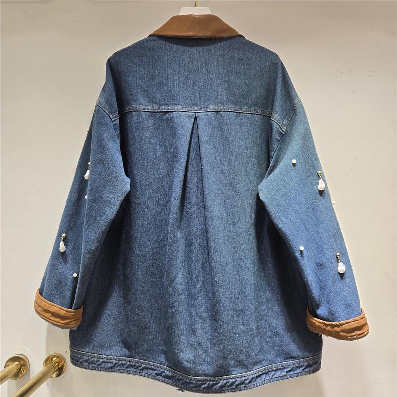 2025 Autumn/Winter Women's Beaded Denim Jacket: Mid-Length, Loose, Versatile, and Trendy.