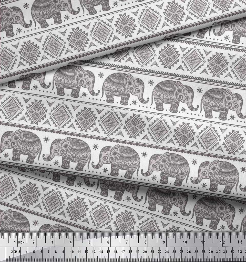 Soimoi Japan Crepe Satin Fabric Aztec & Tribal Elephant Ethnic Print Sewing Fabric Metre 42 Inch