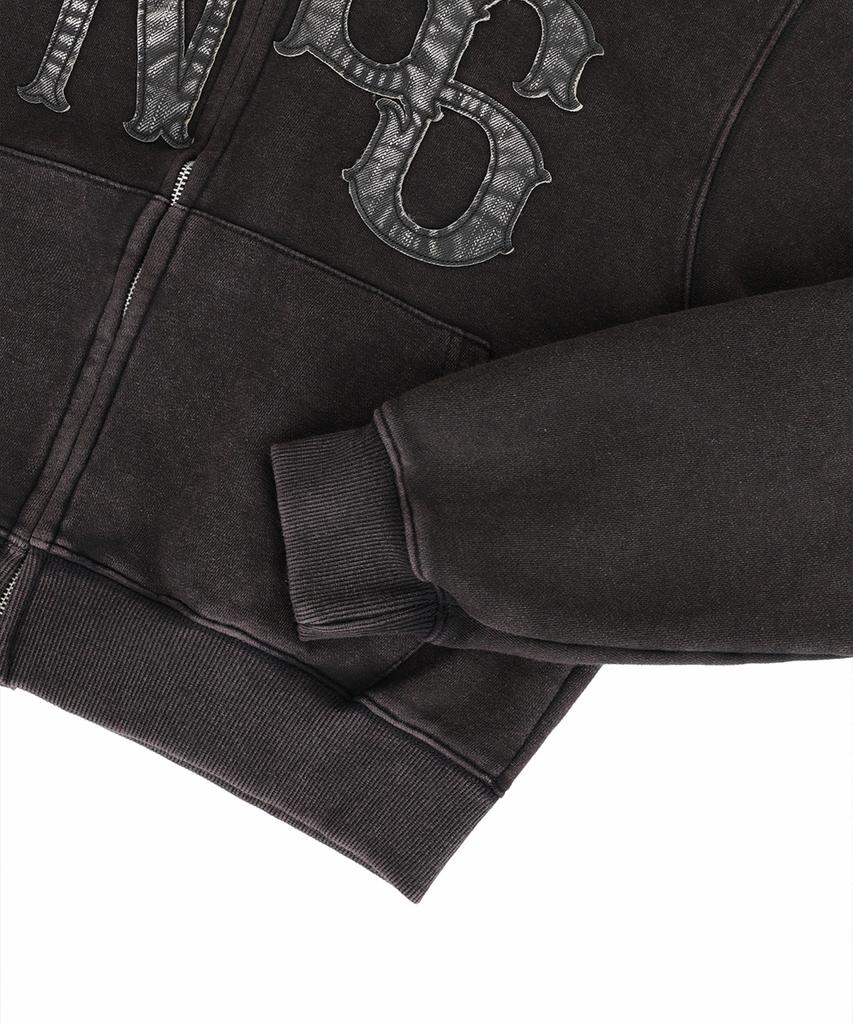 Easy No Easy Washed Leather Patch Zip-Up Hoodie - Black