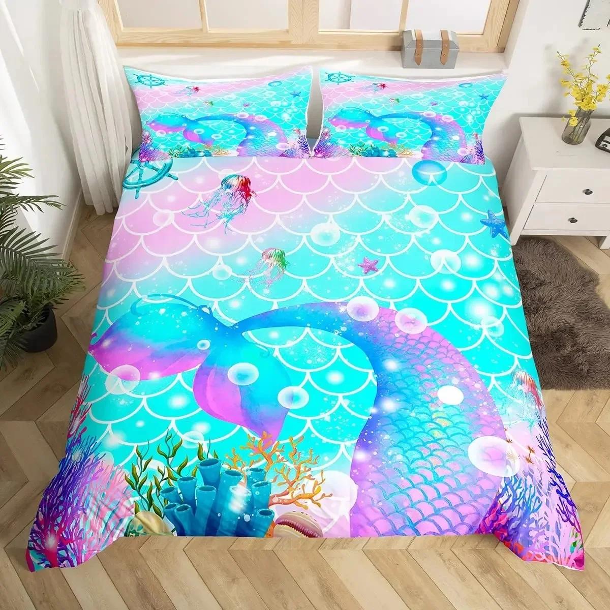 

Хвост русалки Рыбья чешуя Девичий Ракушка Морская звезда Удобный Пододеяльник Наволочка Комплект постельного белья Детская Спальня Домашний текстиль 70x133cm