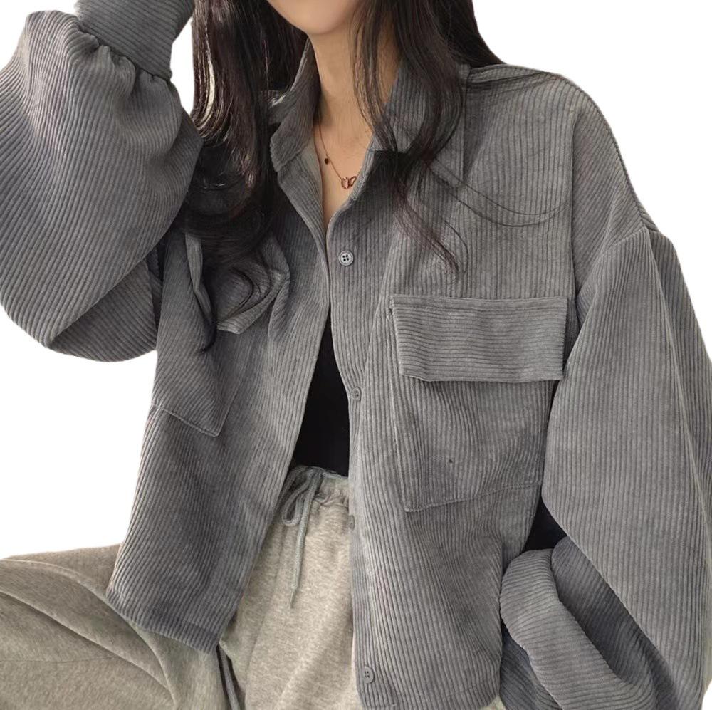 Women's Spring French Retro Corduroy Shirt Jacket with Lapel, Long Sleeves, Single-Breasted, All-Match Korean Chic Style