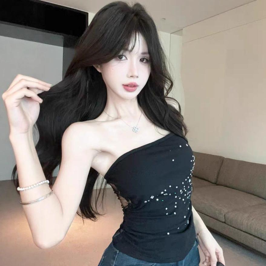 #Summer new pure desire sexy hot diamond back lace strap tube top slim one-piece with chest pad versatile