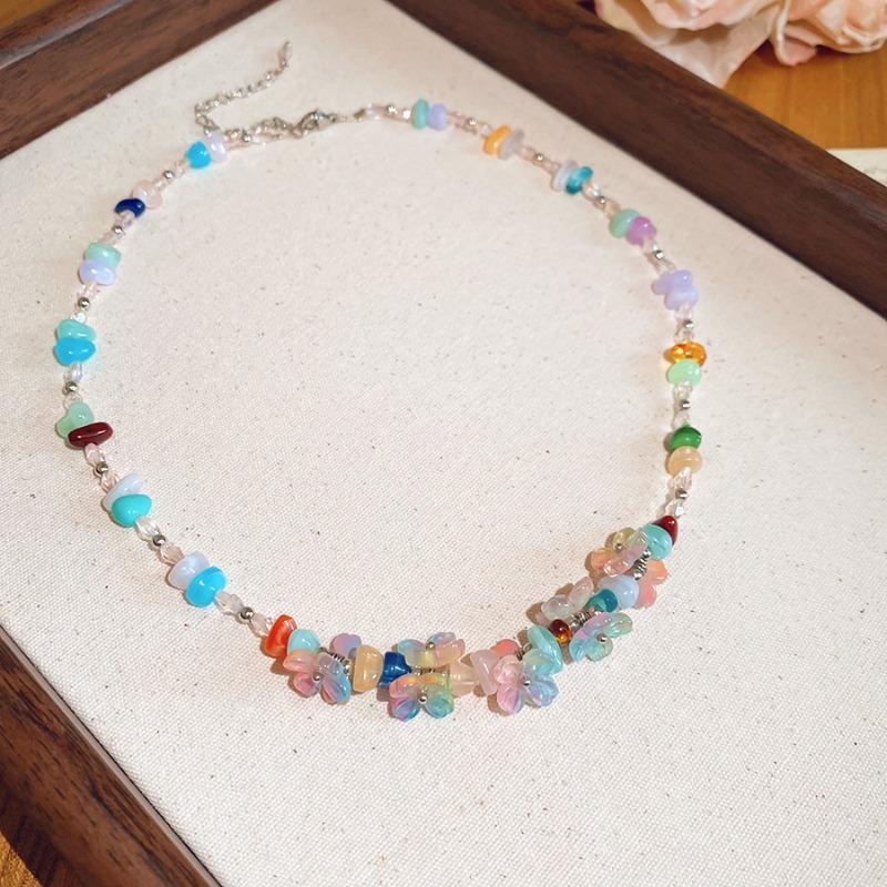 Spring radiance~ Crystal stone resin flower necklace ear hook set sweet vacation style design jewelry women