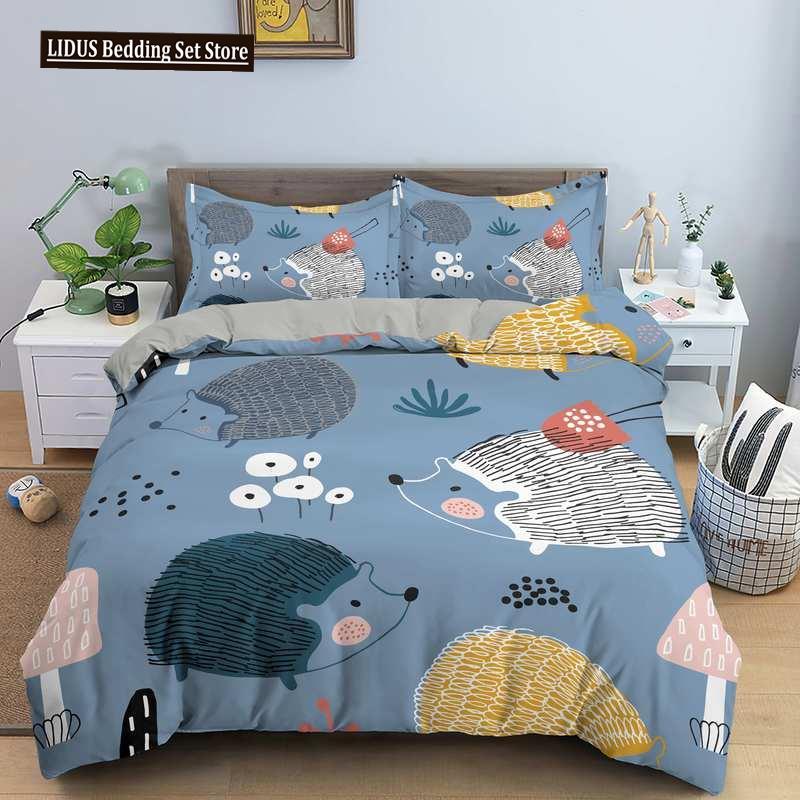 Zestaw pościeli Jeż Słodki Kawaii Dzikie zwierzęta Poszwa na kołdrę z poszewkami na poduszki Dla dzieci Chłopców Dziewczynki Poliestrowy zestaw pościeli Rozmiar King