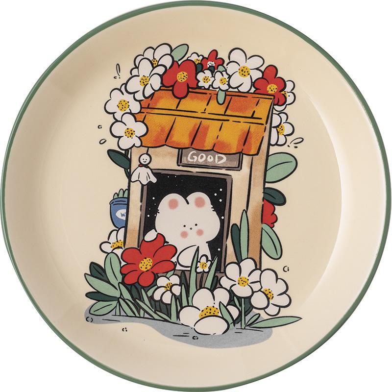 8.2 Inch Cartoon Rabbit Dinner Plate Ceramic Painting Serving Dishes Flower Bunny Dessert Tray Salad Plate Microwave Safe