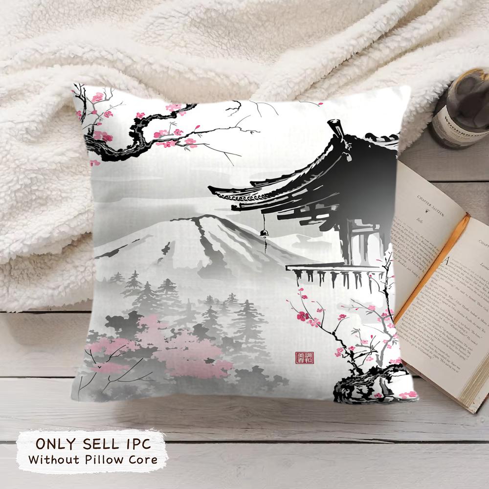 Japanese Pagoda Landscape Cushion Cover Soft Short Plush Pillow Cover Smooth Cozy Texture Aesthetic Cushion Case Home Decor
