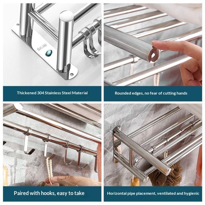 Stainless Steel Towel Rack No Drill Damage Free Storage with Adjustable Hooks for Rental House Bathroom