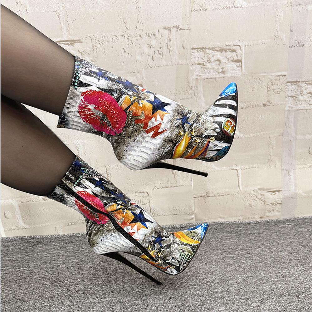 

Модные женские ботильоны FHC на высоком каблуке 14 см, короткие ботильоны с граффити губами, женские зимние туфли для танцев на пилоне, боковая молния, острый носок, дропшиппинг 36