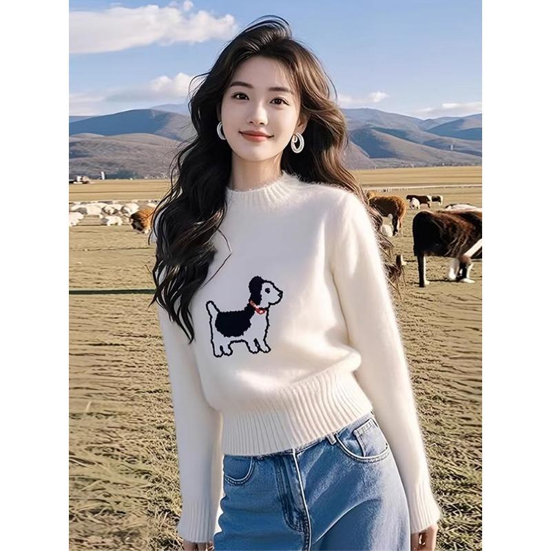 Pullover Fashion Cartoon White Puppy Knitted Thickened Sweater Women Korean Top