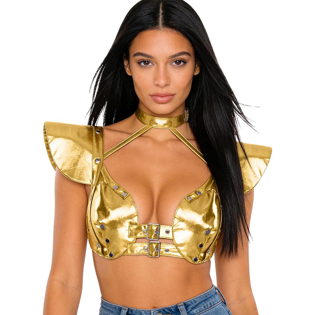 S-XXL Damen Glitzer Gothic Crop Top Neckholder Fledermausärmel Nietenbesatz Verstellbare Schnalle Korsett Bustier Schulterpanzer für Rave Club Party