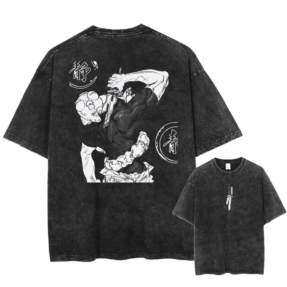 Fushiguro Toji Grafik T-Shirt Jujutsu Kaisen Vintage Gewaschen Übergroßes Y2K T-Shirt Lässiges Baumwoll Kurzarm Bequeme Damen Herren Kleidung