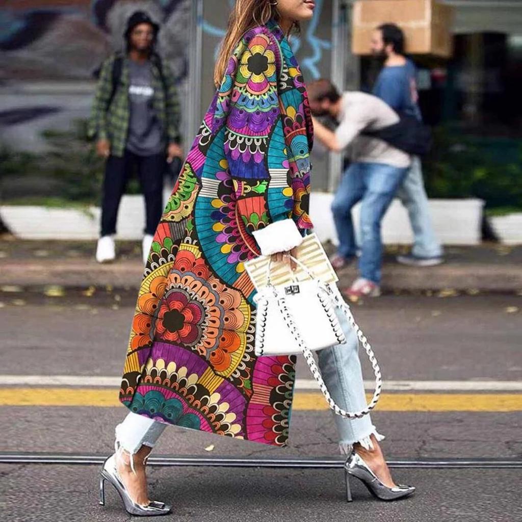 Long Lapel Print Double Breasted Coat 