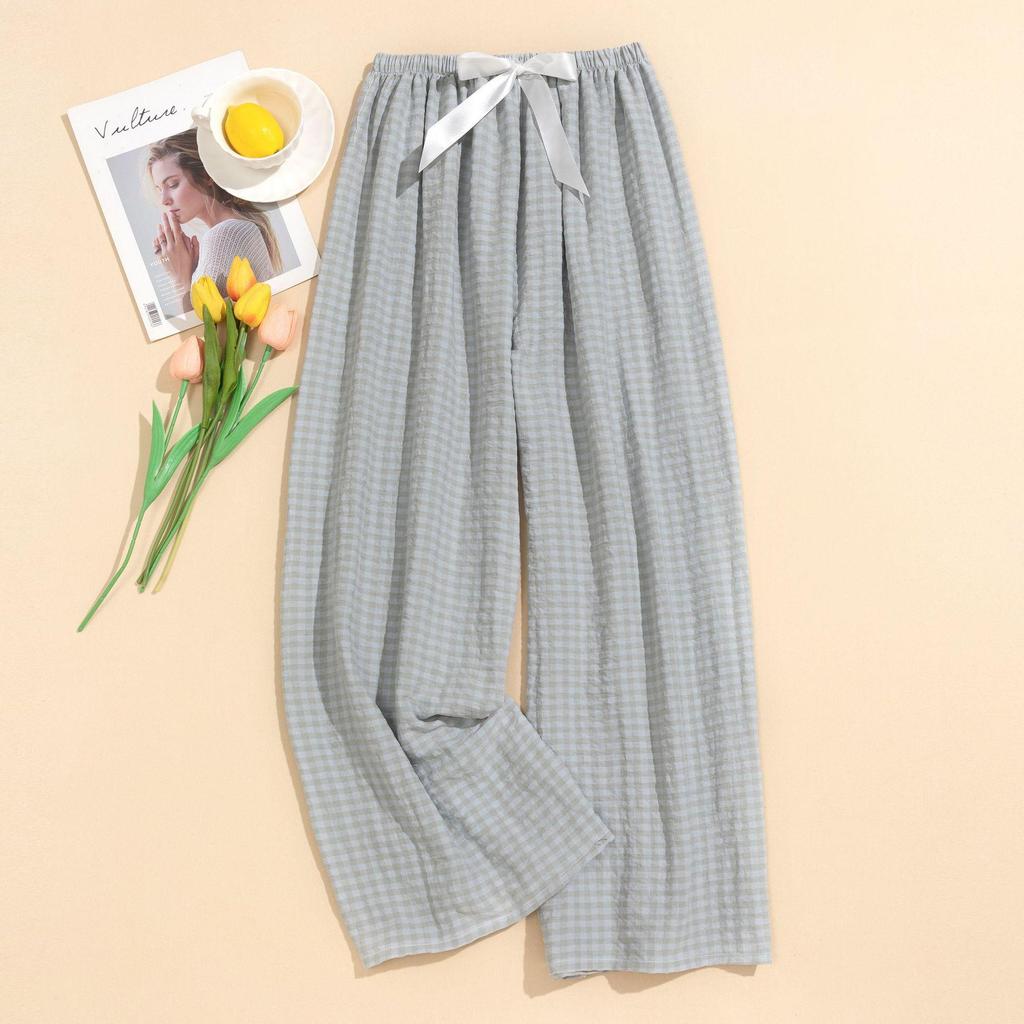 Women's Summer Plaid Wide-Leg Cotton Pajama Pants - Yarn-Dyed, Plus Size, Suitable for Outdoor Wear