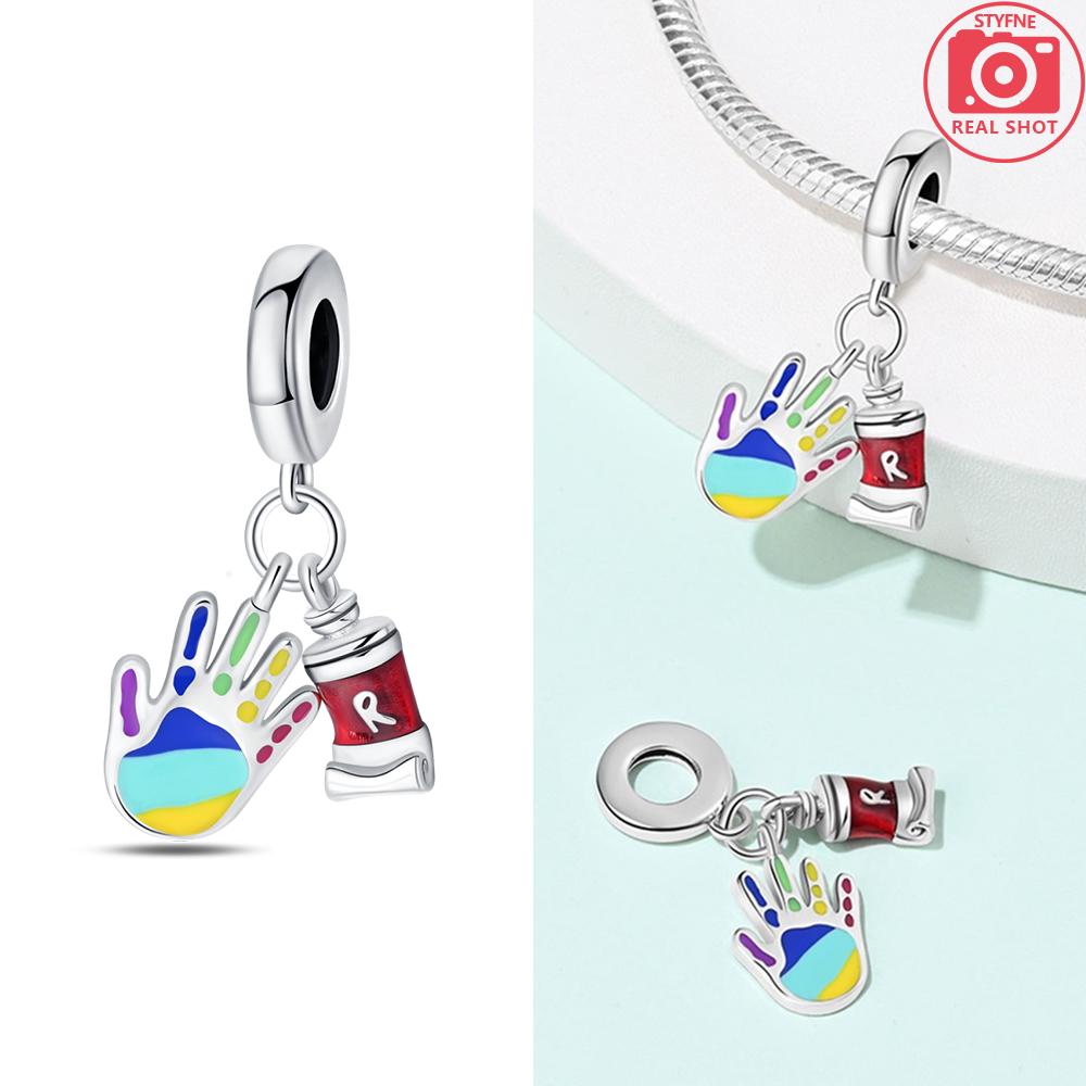 

Charms 925 Silver Pink Zircon Football Beads Oil Painting Pendant Fit Bracelet Woman DIY Jewelry Exquisite Gifts Making