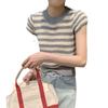 Round Neck Striped Color Blocking Short-sleeved Knit Sweater Female Spring and Summer Design Sense Niche Slim Top Tide Casual Slim Fit Pullovers Tees