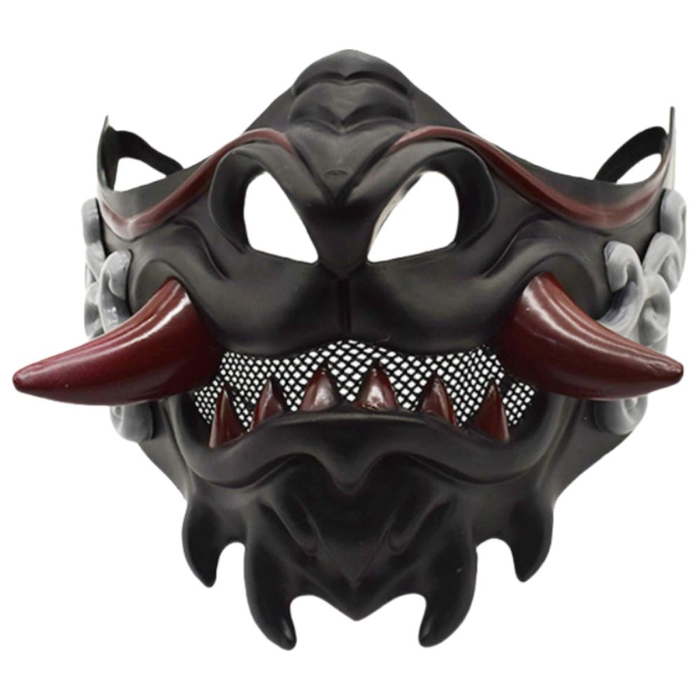Realistic 3D Japanese Samurai Mask Lightweight Fierce Teeth Halloween Cosplay Masks Breathable Fang Mask Clothing Accessories