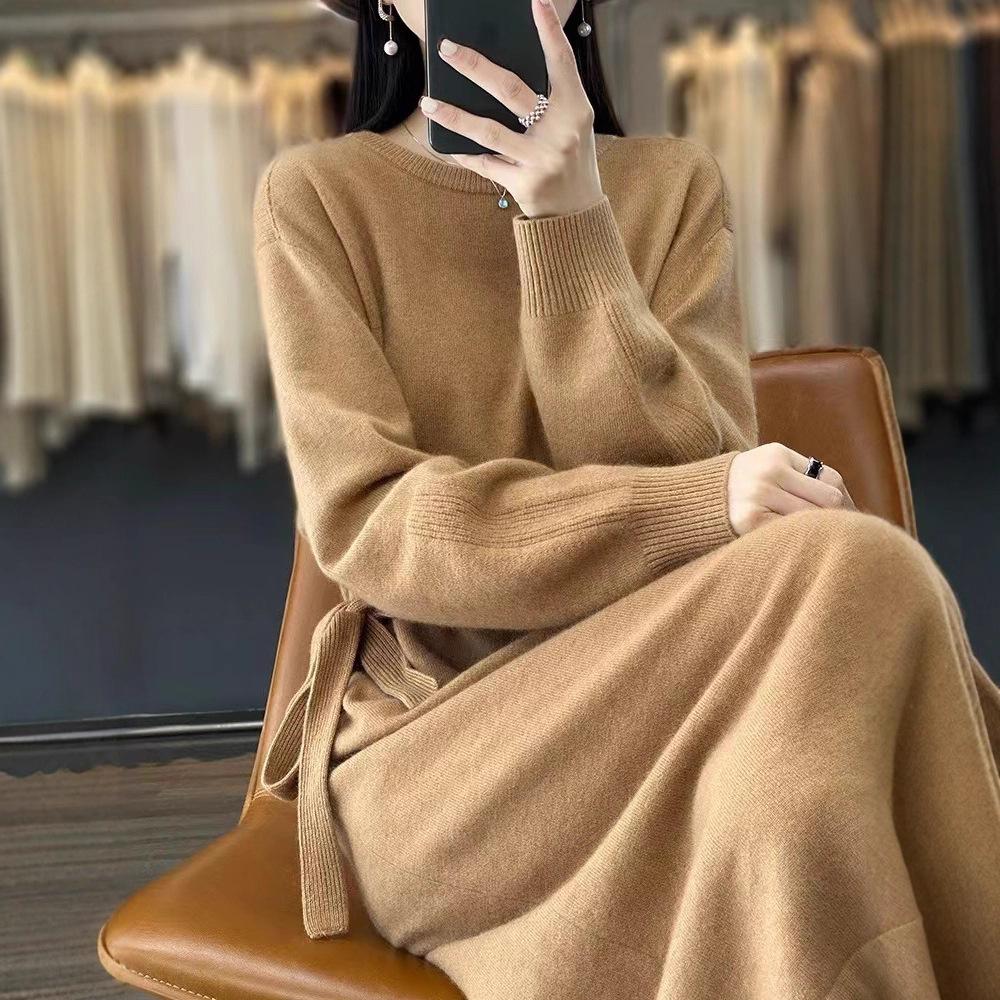 Autumn and Winter New Lace-up Temperament Thin Knitted Dress Women's Fashion Medium and Long Inner Sweater Skirt