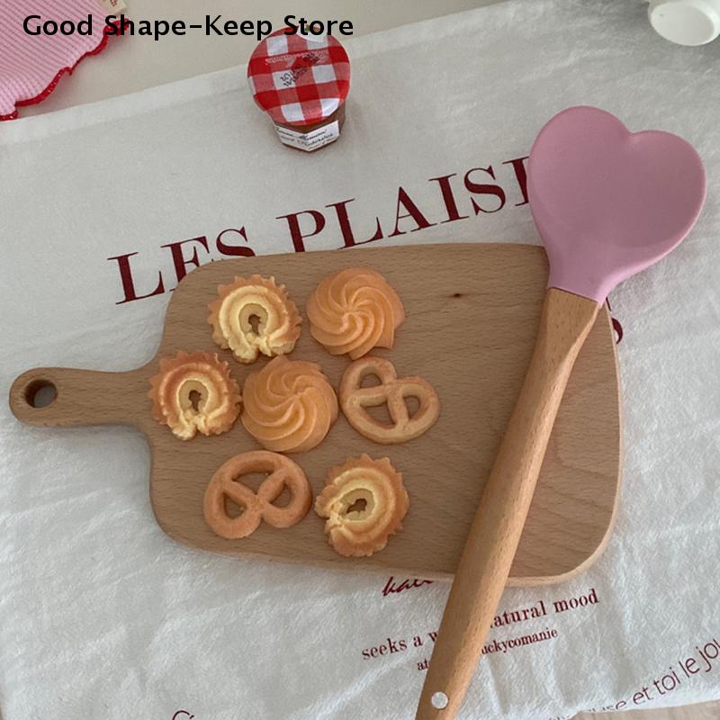 Utensils Making Cake Baking Tool Valentine's Day Pink Love Silicone Spatula Heart-Shaped Wooden Handle Baking Spatulas Kitchen