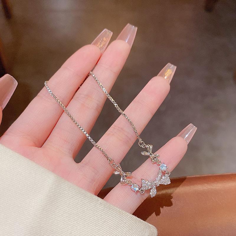 Korean Trendy Micro-Diamond Bowknot Titanium Necklace & Bracelet Set