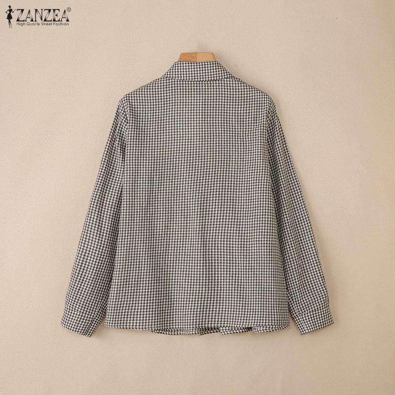 ZANZEA Dámská ležérní halenka s límečkem, kostkovaným potiskem, volným střihem a dlouhým rukávem