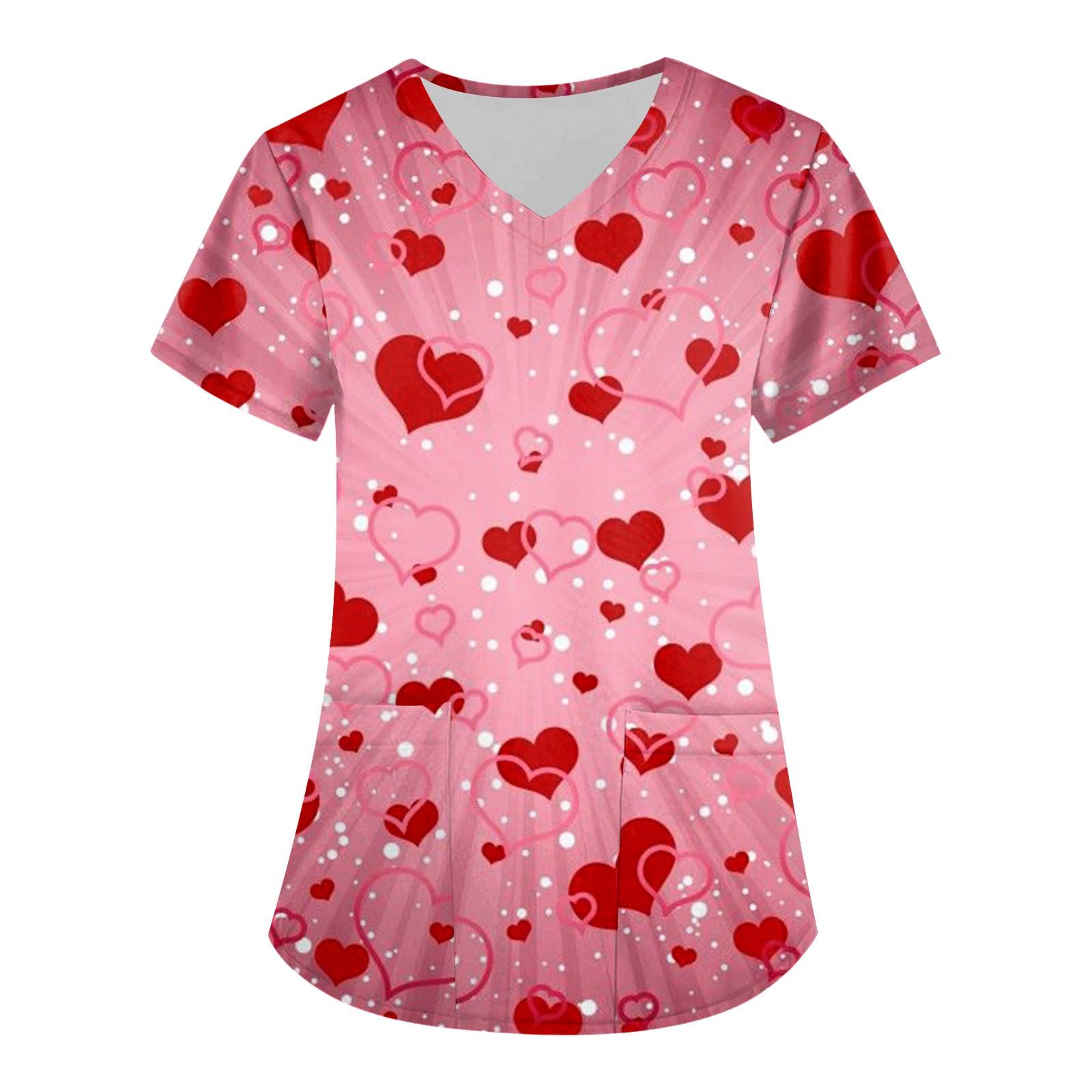 

Женская мода, рабочая одежда с v-образным вырезом, короткими рукавами и карманами, топы с принтом ко Дню святого Валентина XXXXXL