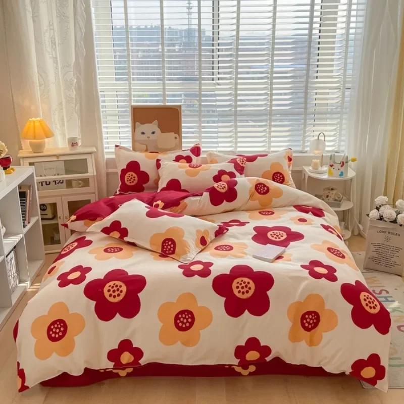 small fresh pure cotton abraded four-piece set, skin-friendly bed sheet washed cotton quilt cover, dormitory three-piece set