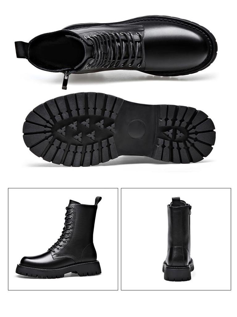 Men's British Style High-Top Martin Boots - Autumn/Winter Velvet Warmth, Thick-Sole Height-Enhancing Motorcycle Design