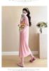 Summer 2026 Ice Silk Knit V-Neck Button Maternity Midi Dress