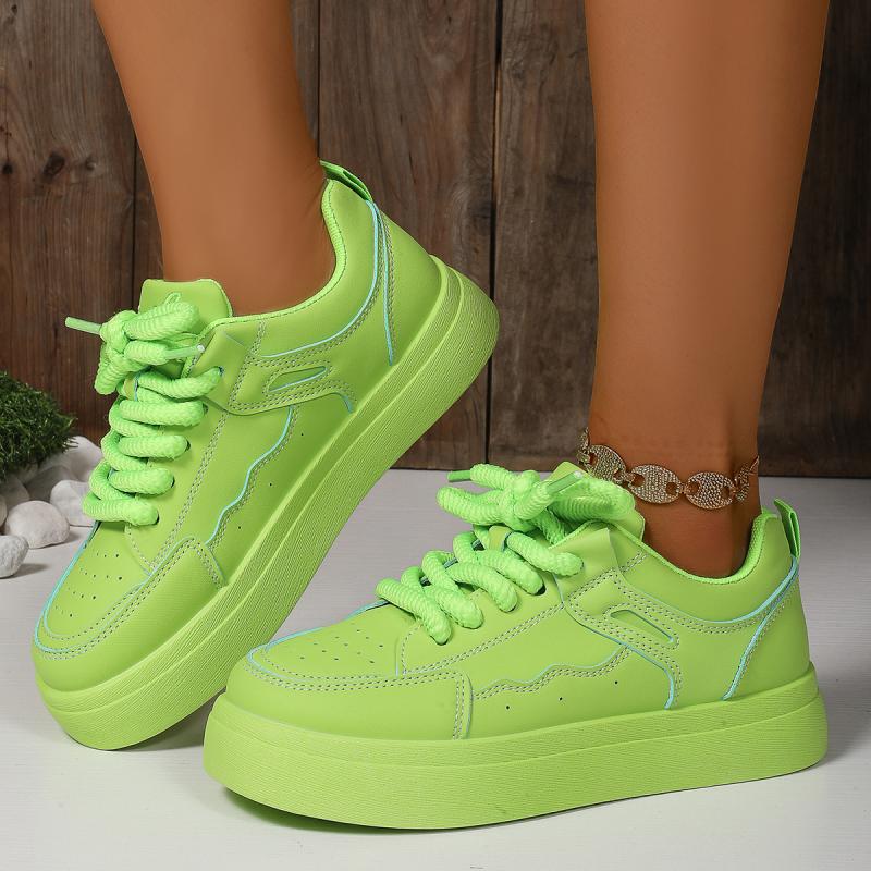 Mode Mode Fluoreszierend Grün Dicke Sohle Freizeitschuhe Damen 2025 Herbst Runde Zehenpartie Schnürung Weiche Sneaker Rutschfest Skateschuhe