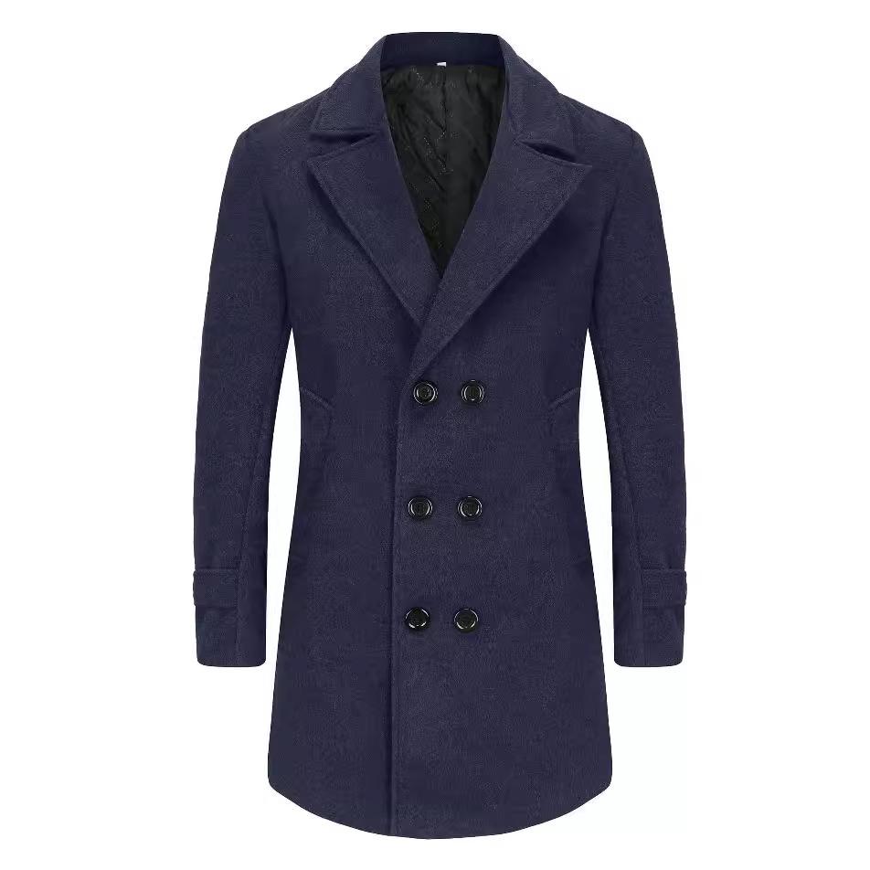 

Winter Men s Woolen Coat, Fashionable Double-breasted Lapel, Cotton Mid-length Woolen Coat 3XL